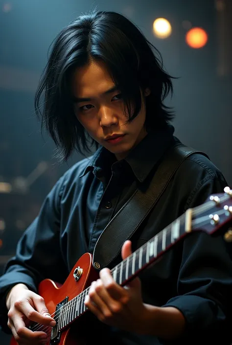 An 1 guitarist with black hair and slanted eyes,