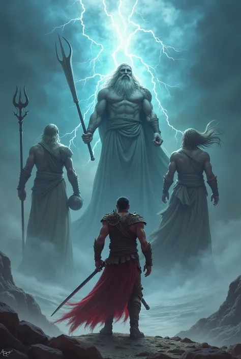 A warrior faces Zeus,Hades and Poseidon, these three gods are greater than the warrior., the fighter faced the three gods earlier,Hades is scary,Zeus holding lightning, Poseidon holding a trident 