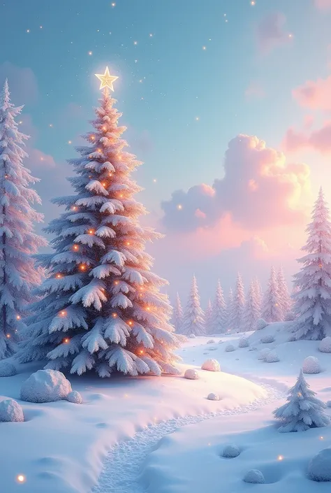 high resolution，Christmas atmosphere，Christmas tree，Pastel Landscape，dream，fairy tale，Snow Scene，Illusion，Pastel style，Acrylic painting style，colored sky，Snow