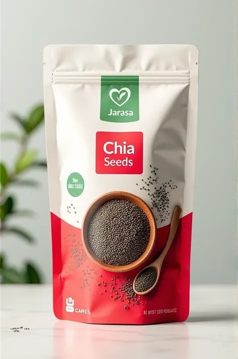 Create a image of a pouch with red and white colour on it and pouch will be a chia seeds 
Create a green vegetarian sign on it like square in with circle 
And take a red rectangle and name in which colour is JARASA as a logo on top
Create in centre Bowl wi...