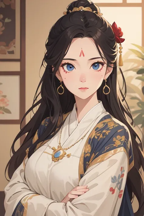 qingyi,1girl,jewelry,hair ornament,solo,blue eyes,necklace,forehead mark,earrings,long hair,facial mark,dress,upper body,blurry background,black hair,looking at viewer,blurry,expressionless,brown hair,closed mouth,chinese clothes,hair flower,flower,
shuimo...