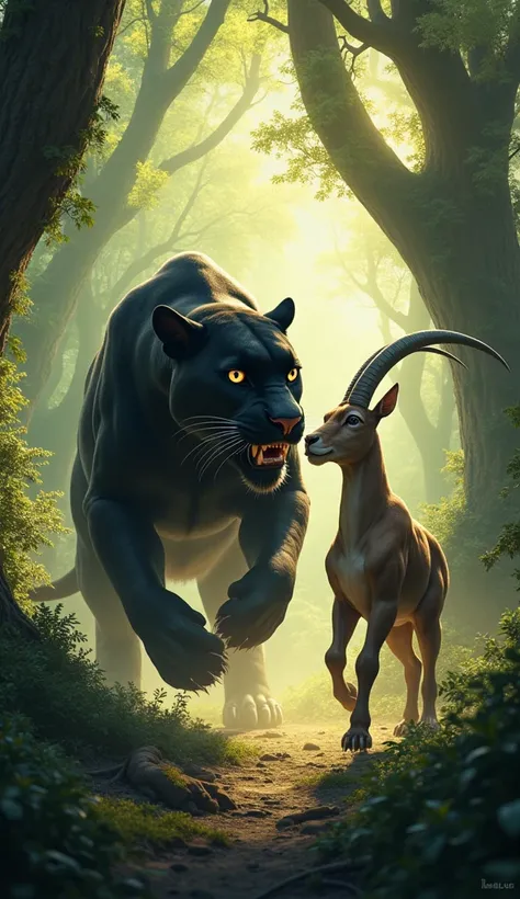 I want to make an AI image video of a fantasy portrait of a panther and a goat fighting in the forest and the goat being helplessly defeated by the panther, Full body, realistic, highly detailed, UHD, 4k quality