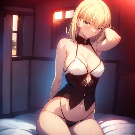 High resolution, 最high resolution,high resolution,{Things to know_f de stay night ufotable:1.15}, Rubio_ Best Quality, masterpiece, フルnude,Sweatだく,Blushing,smile,Armpitアップ,Sweat,Armpitを広げて見せている,bed,Moist,Blonde,whole body,pubic hairあり,Love juice,Armpit,sid...