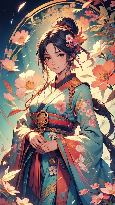 Zen painting illustration,Anime art style,masterpiece,Highest quality,Highest quality,Official Art,beautifully、aesthetic,(One girl:1.2),Very detailed,colorful,Flowers,Most detailed,Tangled,Abstract background,Glowing Skin,Many colors,feather,