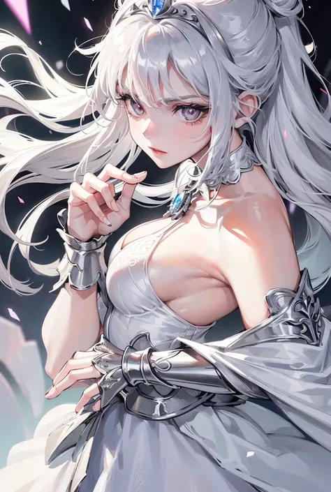 Young girl with silver eyes, White hair, with a small diamond tiara on her head, dressed in a wedding dress and mixed with light shiny silver armor. with big breasts, just beautiful, WITH WHITE BACKGROUND,High resolution, necessary, anatomically correct, l...