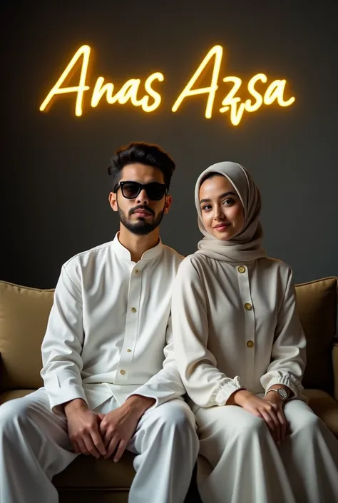 Imagine a dark gray background with striking yellow lighting illuminating the scene. A young Muslim beard boy  cute girl with hijab  sits confidently on a luxurious king sofa, ,white kurta pajama, and stylish sunglasses. . The name ‘ANAS Aqsa’ is prominent...