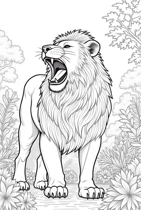 Create outline drawing of lion  roaring  in the garden for colouring book 