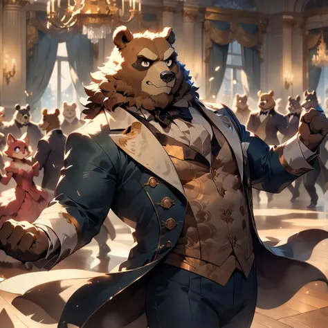 dynamic angle, dynamic pose, masquerade, plump middle-aged  bear man, flamboyant, beautiful mask, tailcoat, dancing, brown eyes, beautiful beard, male face, big face, square jawline, male eyes, sharp eyes, big eyes, male eyebrows, innocent look, fluffy bod...