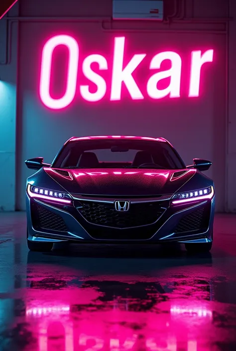 Honda car with letters that say Oskar with neon letters in front of the car
