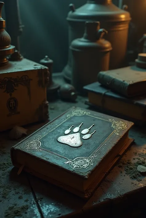 Amidst old boxes and forgotten treasures, he found a dusty, ancient book with a peculiar silver paw print on the cover.