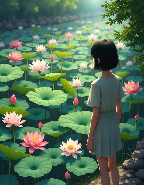 lots and lots of lotus flowers, Gyoda Ren, 1 girl, Looking at lotus flowers from land, Pond Line, Casual Dresses, short hair, Black Hair, Late teens, Ancient Lotus Village, from side.