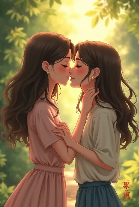 Two girls kiss on boy cheek , realistic 