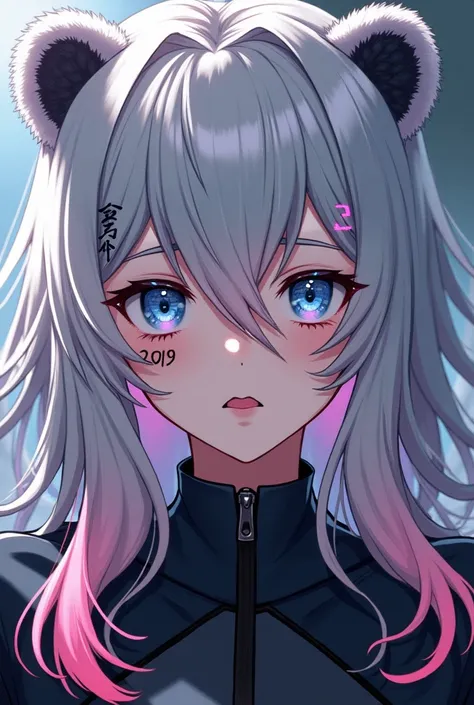 anime facial mark on cheek. anime girl techwear cool face tatto make up art. beautiful hair. belle anime 2021. polar bear ear with pink inside. silver hair, tosca ombre hair. sky blue eyes, face tattoo art modern.