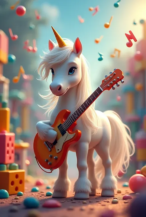 White pony playing an electric guitar on a set of toys with musical notes floating in the air 