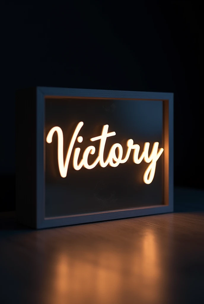 LED illuminated sign with box with the phrase victory in cursive letters 
