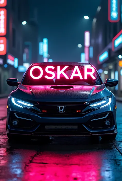 Honda car with letters that say Oskar in neon letters on the windshield 
