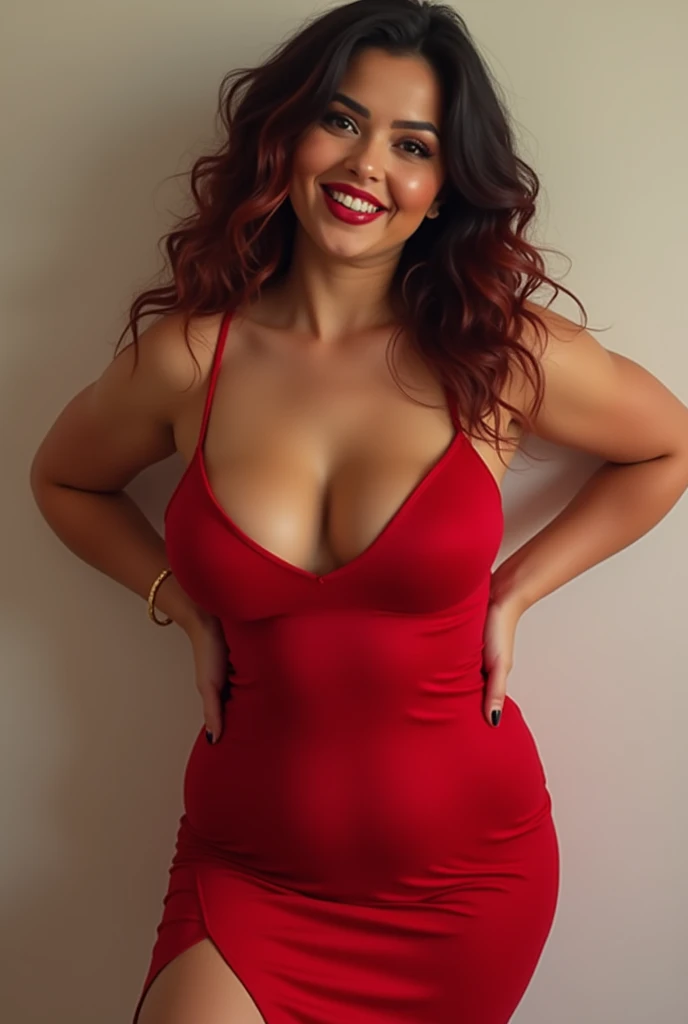 A woman with black, reddish brown hair.
Simple average good looking women, curvy simple but captivating, big round books with cleavage showing. In red marmaid gown with slit. Her round cheeks, plum lips ( not too much), a healthy body full of protein, musc...