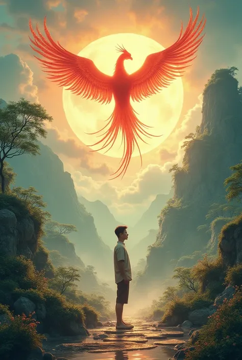 Make me pictures of the path of the phoenix with a 20-year-old man with Chinese who is not a monk
