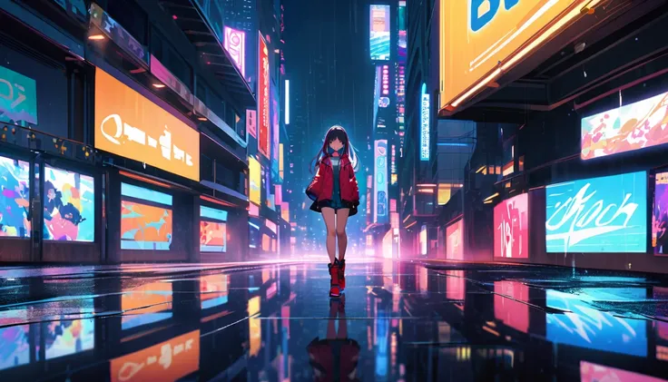 I draw an anime-style long-haired girl walking through a neon-lit city on a rainy night, Wear headphones. Capture the atmosphere of the city with vibrant neon lights reflected on the wet road surface. Expressing a girl&#39;s personality through facial expr...