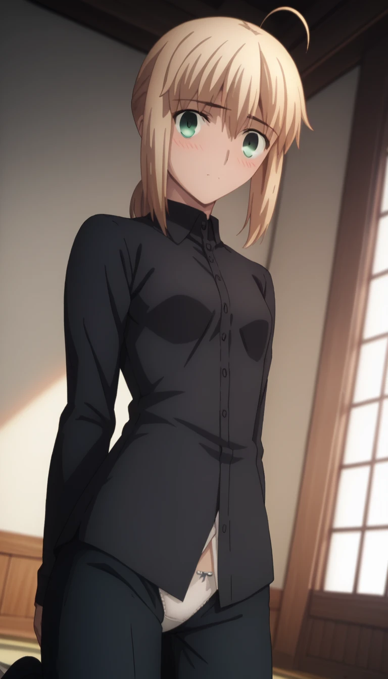 sauce_anime, ambient light, blue hour,
fsn_ubw_style, 1girl ,,low ponytail hair,  blond hair, ahoge, deep green eyes,, hair between eyes, perfect eyes , ,, Perfect face, expressive eyes, ,  
((black shirt)),((detailed dress shirt)), in panties, black suit ...