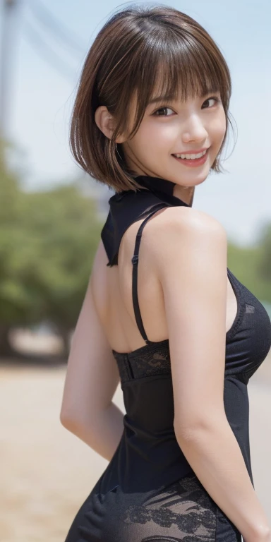 (a gorgeous lady, youthful charms, natural walking poses, high detail mini dress, beautiful huge breasts, brown eyes, parted bangs, short hair, brown bob hair, side ponytail, snaggle-teeth, upper teeth, outdoor bokeh background, kind smile, dimples, (best ...