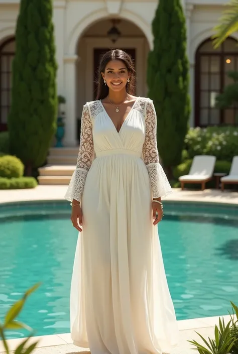 A beautiful and hot almost chubby mature  woman with big butt.who is wearing a white Arab dress with lace-like sleeves. And standing in the yard of a big house next to the pool. A smiling face.