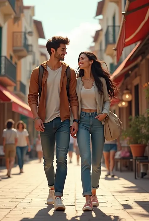 A beautiful girl wearing jeans with her boyfriend on the street