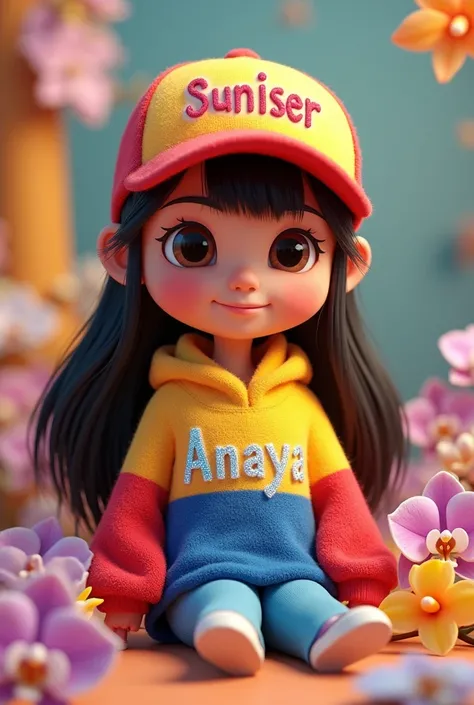 A 3D render of a cute cartoon-style girl with a tender and sweet expression. She is sitting and dressed in a yellow, blue, and red fluffy sweatshirt with the name "Anaya" in white iridescent letters, and blue leggings. She has black long straight hair and ...