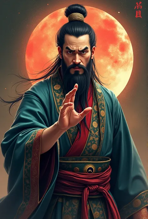 "Create a top image for TikTok featuring Abe no Seimei, the famous Japanese onmyoji, with a traditional look. He should be depicted making a hand gesture where his thumb and ring finger are touching. Incorporate hand gestures used in Indian Buddhism and Ru...