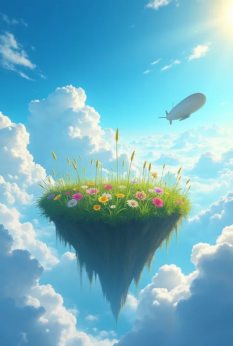 A lush floating island in the blue sky、Around the island, long grass swaying in the wind and colorful flowers.々。A large airship was flying gracefully near the island.、Beneath the sky is a vast sea of clouds.。The sunlight shines softly、The clouds are shinin...