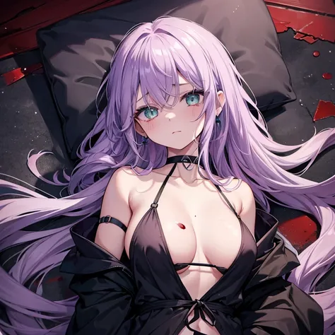 1 girl、Mature、Ample breasts、Long Hair、Light purple hair、Emerald green eyes、Long eyelashes、Black hoodie、Shoulder Bare、choker、Earrings、Covered in blood、Heavy bleeding、Death by blood loss、Covered in scars、dying、After a Long Battle、Tired face、ephemeral、Lying d...