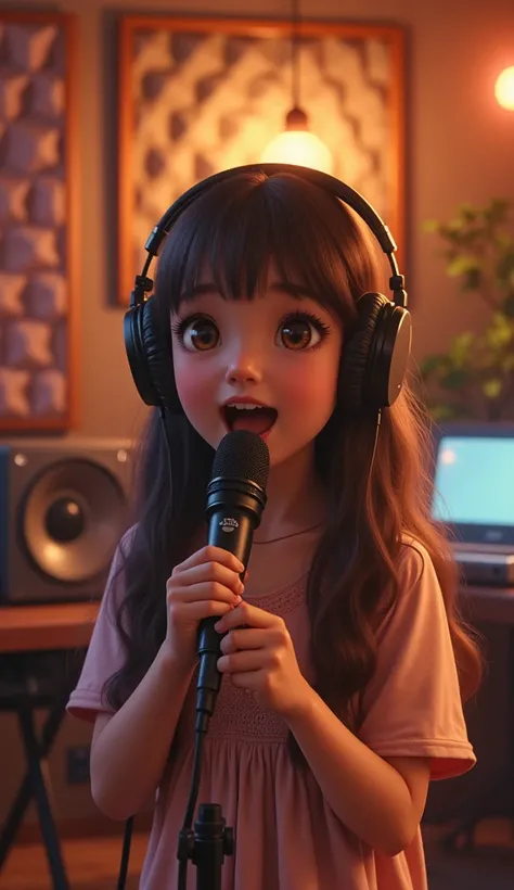 Singing into a microphone with headphones on、cute beautiful girl