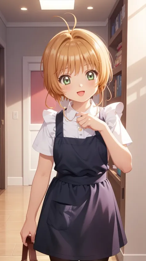 masterpiece, Highest quality, High resolution, One girl, Detailed face, Mysterious expression、Alluring expression、blush, Anime CG style, (Medium chest), (1 girl:d-up), Good lighting, Perfect body, Sakura Kinomoto, Glossy Lips, Naked Apron、Apartment entranc...