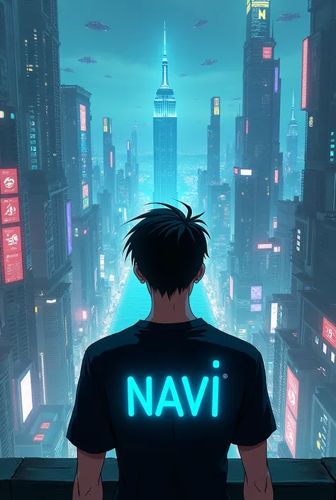 An anime man in a black shirt with the name Navi on it in neon cyan, sitting looking at a futuristic cyberpunk city