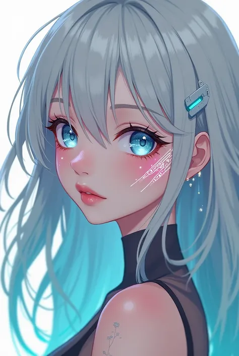 anime complex white and pink facial mark on cheek. anime girl techwear cool face tatto make up art. beautiful hair. belle anime 2021. polar bear ear with pink inside. silver hair, tosca ombre hair. sky blue eyes, face tattoo art modern.