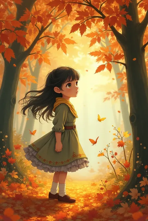 ghibli style girl, autumn leaves, Autumn wind , Standing there gazing into the distance