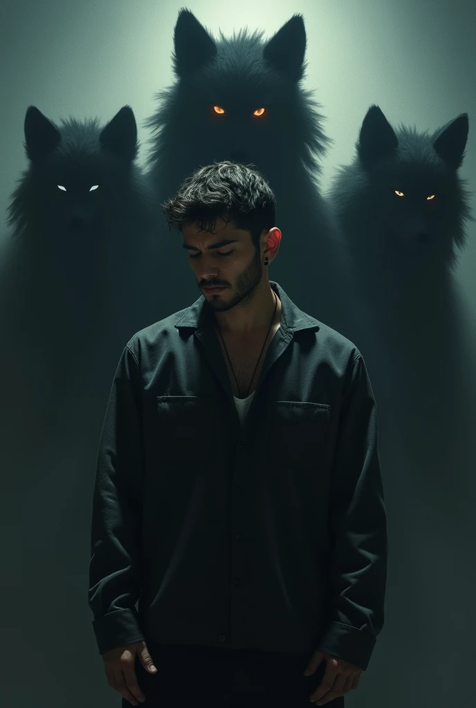 A young man with his head down and three werewolf-shaped shadows behind him. 