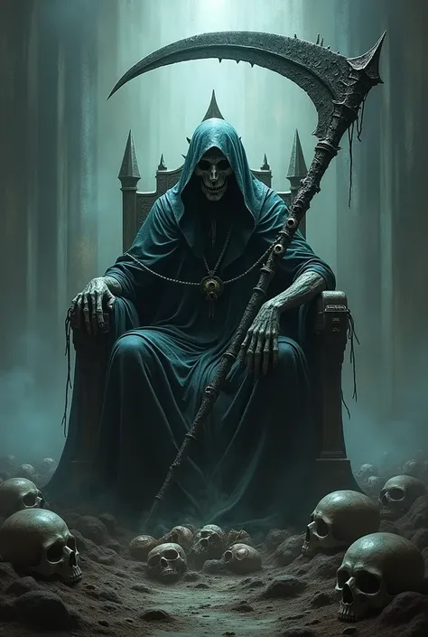  Necromancer with a horrible figure is a combination of Lucifer satan and baal with the most horrible darkness carrying a scythe full of eyes sitting on a throne while stepping on the head of demon gods and behind him is a full team of skulls and in his le...