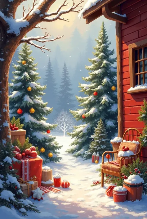 (photorealism:1.2)Colorful Christmas Theme, solid color background, bright daylight, this style reminiscent of the Impressionist style of the winter landscape, delicate and rustic