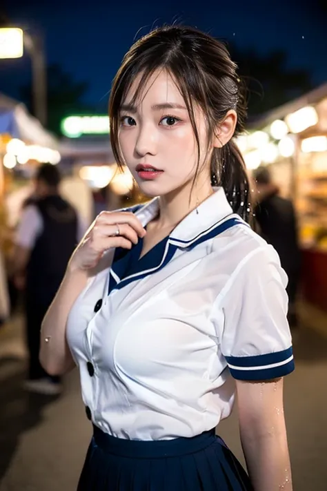 (a gorgeous lady, age 22, serafuku, seifuku, white shirt with buttons, (wet clothes:1.20) pleated mini-skirt, standing in a night market, dimples, cute snaggle-tooth, short hair, side ponytail, photorealistic, beautiful detailed face, beautiful detailed ey...