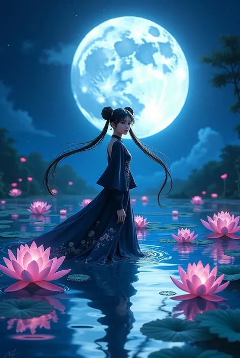 Sailor Moon in an elaborate black silk Asian dress, she is moving through a pond of magic lotus magical night big full moon
