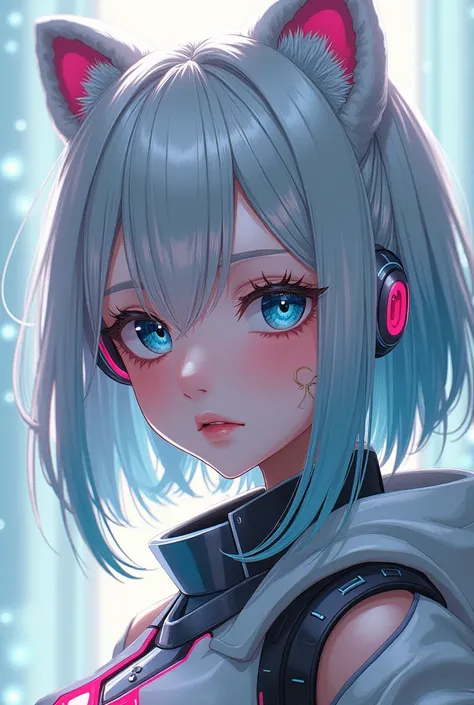 Belle Anime 2021. anime white and pink tech facial mark make up. anime girl techwear cool face tatto make up art. beautiful hair. polar bear ear with pink inside. shoulder length silver hair, tosca ombre hair. sky blue eyes, face tattoo art modern.