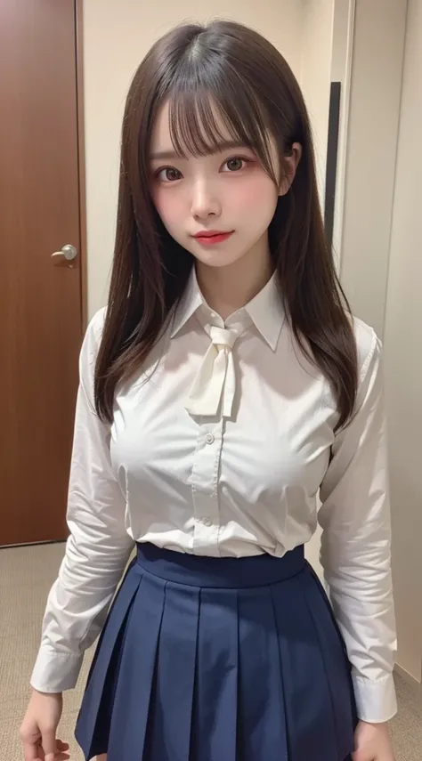 beautiful girl, Very beautiful detailed face, Laugh shyly, Center of chest, Deep Valley), (good:1.3),  Lift yourself up), (School uniforms, Tight shirt、tie、skirt、feet、Large Breasts、Her shirt is open and her boobs are showing、), , Semi-long hair, (Beautiful...