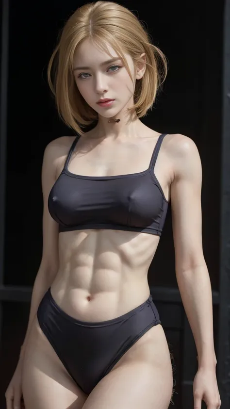 8k, Highest quality, Intricate details, Super detailed, Ultra-high resolution, masterpiece, Close-up shot, (whole body: 1.1), thin, smile, (compensate: 0.4), ,(( Cammy White, Blonde, bangs, short hair, blue eyes, Antenna Hair, Abdominal muscles, Wounds on ...