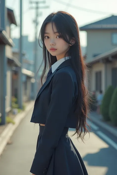 Realistic photo, cute girl, Japanese, 16 yo, graceful, stylish, ethereal, slim, big boobs, school uniform, standing on streets, Japanese street, sub urban area, medium shot,  