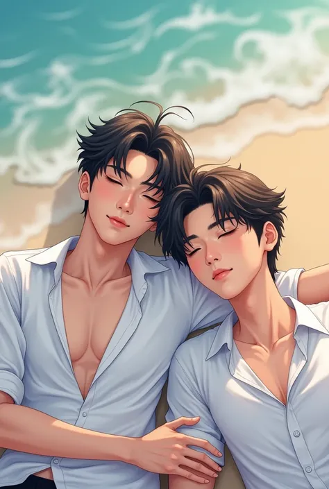 Anime pic,two handsome men, korean men, white shirt,white skin, cute and  hottest men , sleep on the beach
