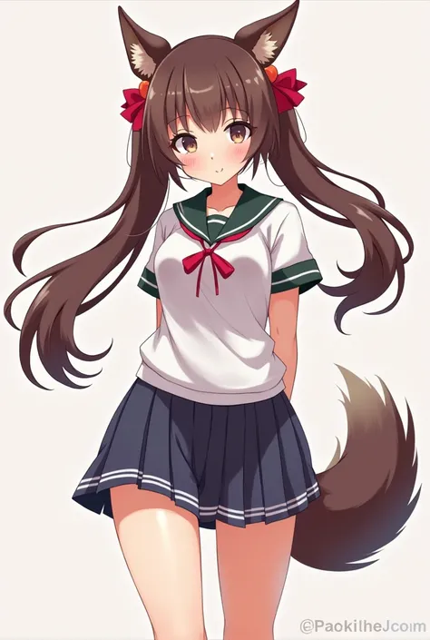 Japanese schoolgirl with big ass wearing a miniskirt and animal ears, twin tails, 