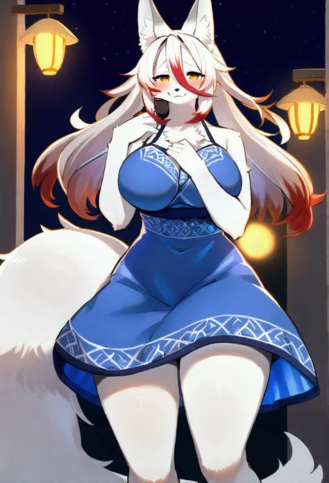 (top quality, best quality, High-quality illustrations, masterpiece, 16k, 1080p, uploaded on e621)(kemono, furry, anthro, alone), round, 1 female, hot mother figure, very detailed body face and eyes, white fox, Daji, (Full Bokko Heroes), white fur, fluff, ...