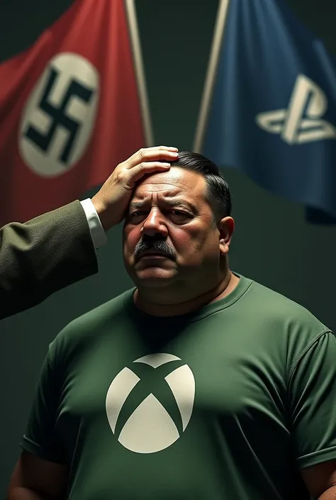 Hitler with swastika petting a fat black man with XBOX logo shirt crying Nazi swastika along with Playstation flag 