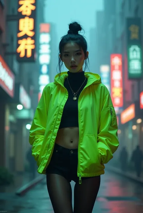 16k, realistic photographic image, masterpiece, taken with a DSLR camera, Canon, aperture 1.8, hyperrealism, 1 girl in the frame, Chinese, looks like Linda Evangelista in her youth, Futuristic image, cyberpunk style, dark hair gathered in a tight bun, She ...